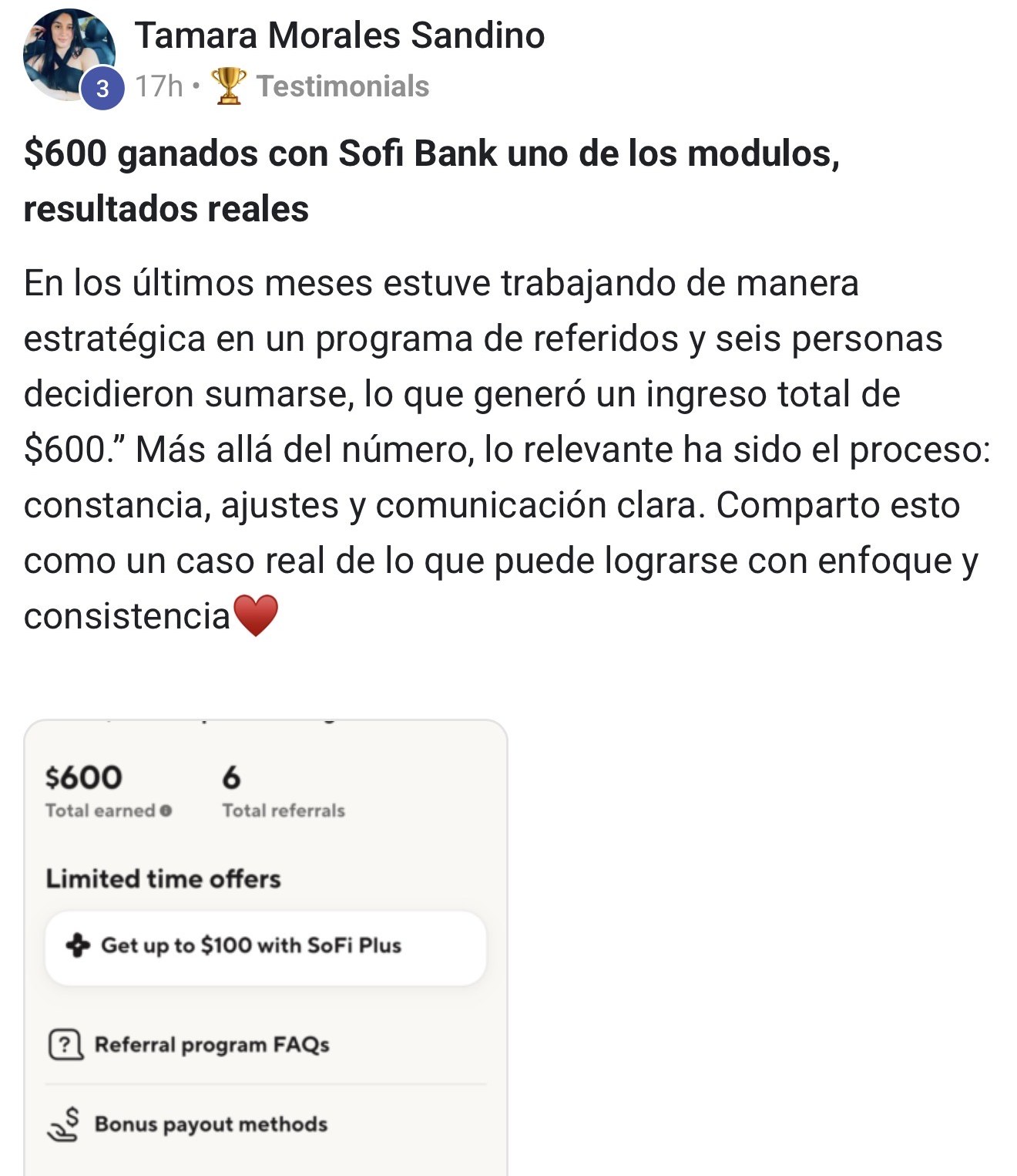 Testimonio de Tamara — $600 ganados con SoFi Bank